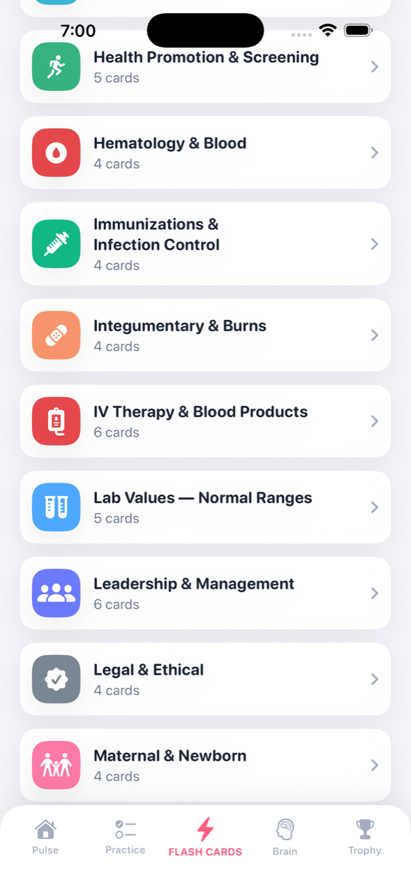 Flash card categories for quick review