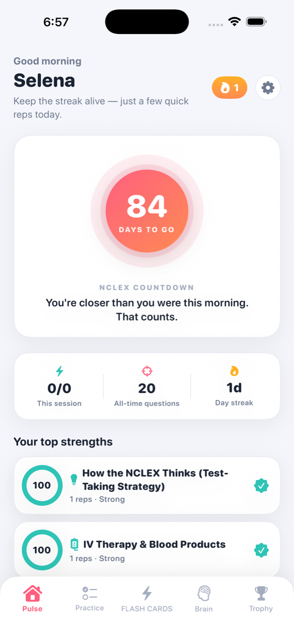 NCLEX Pulse home screen with the exam countdown and top strengths
